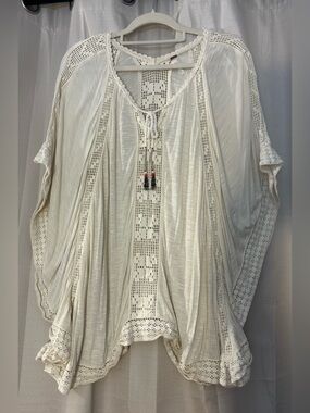 Free People Square Boho Hippie Tunic Crochet Lace Bead Cream SP